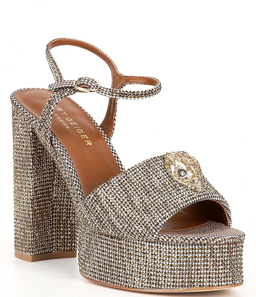 Kurt Geiger London Kensington Crystal Embellished Houndstooth Logo Ornament Platform Sandals