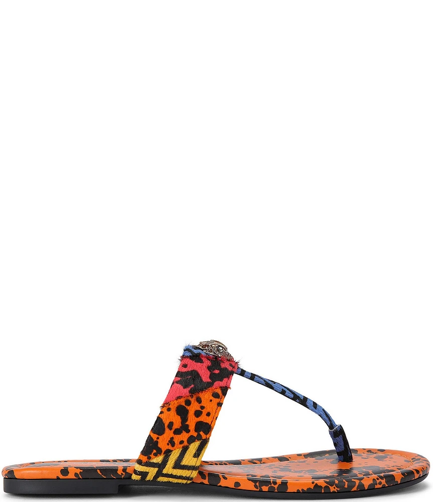 Kurt Geiger London Kensington Leather Animal Print Logo Ornament T-Bar Sandals