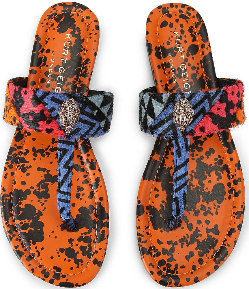 Kurt Geiger London Kensington Leather Animal Print Logo Ornament T-Bar Sandals