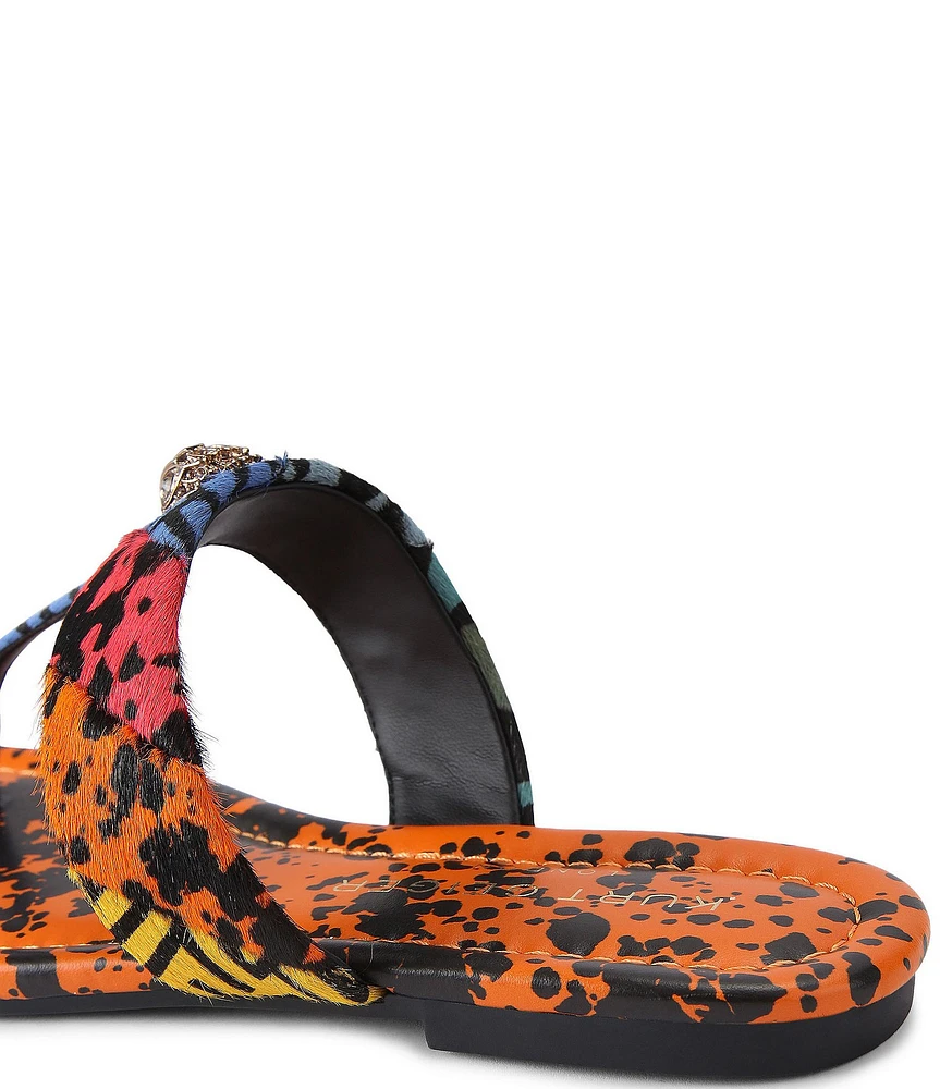 Kurt Geiger London Kensington Leather Animal Print Logo Ornament T-Bar Sandals