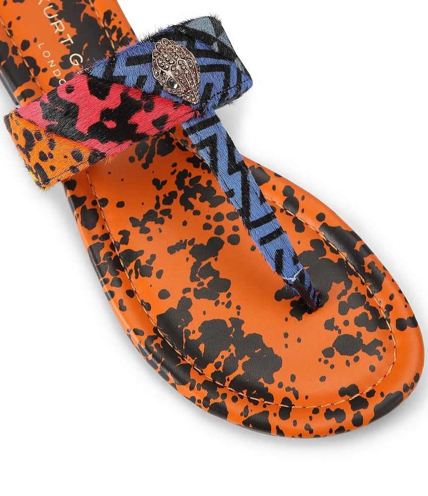 Kurt Geiger London Kensington Leather Animal Print Logo Ornament T-Bar Sandals