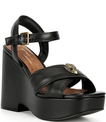 Kurt Geiger London Kensington Leather Cross Band Logo Ornament Ankle Wrap Wedges