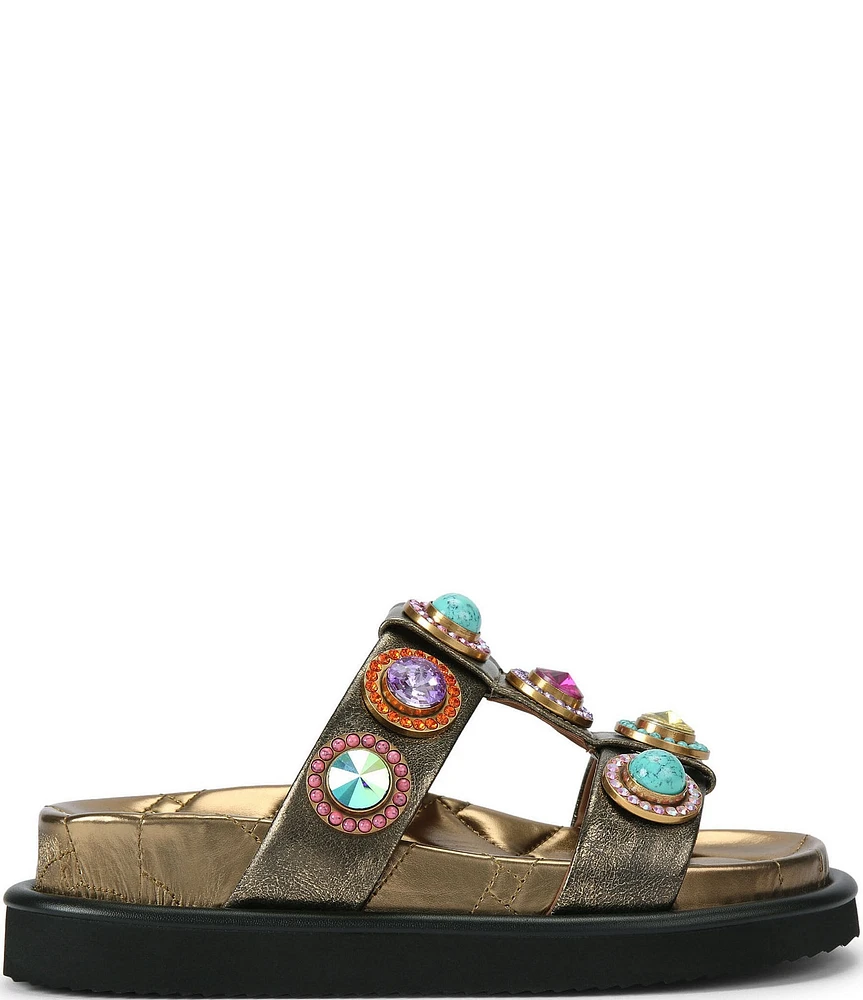 Kurt Geiger London Orson Crystal Metallic Leather Jewel Stud Ornamented Slide Sandals
