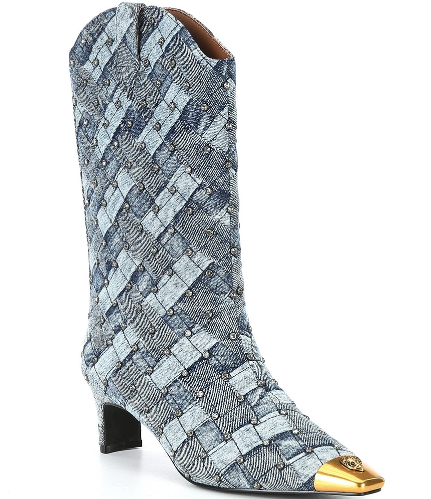Kurt Geiger London Regent Crystal Embellished Quilted Denim Patchwork Logo Ornament Cap Toe Boots