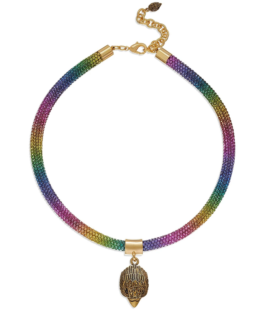 Kurt Geiger London Signature Eagle Rainbow Rhinestone Mesh Statement Pendant Collar Necklace