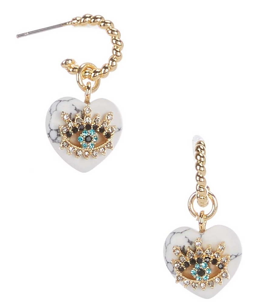 Kurt Geiger London Signature Evil Eye Howlite Heart Charm Huggie Hoop Drop Earrings
