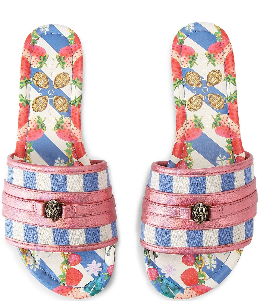 Kurt Geiger London Southbank Strawberry Printed Canvas Logo Ornament Flat Slide Sandals