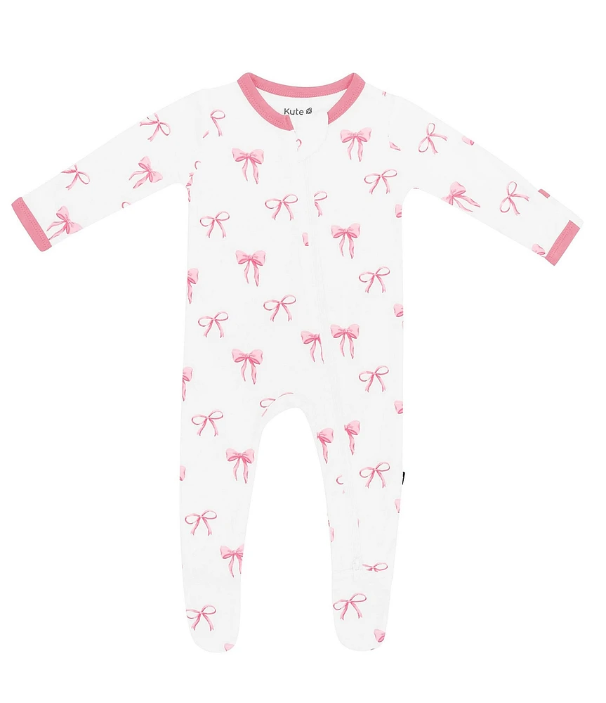 Kyte BABY Baby Girls Bamboo Bow Print Zip Front Footie