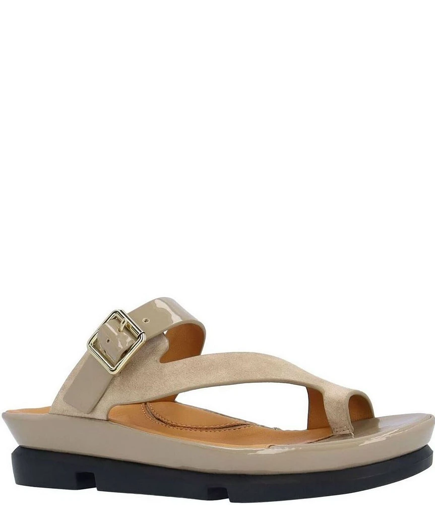 L'Amour Des Pieds Alanza Suede and Patent Leather Toe Loop Sandals