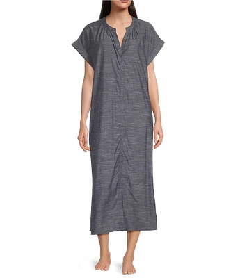 Landry Short Sleeve Split Round Neck Button Front Denim Caftan