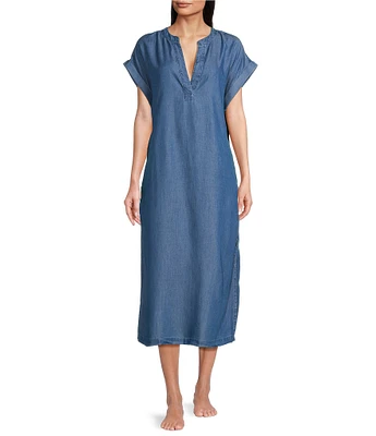 Kate Landry by Landry Solid Chambray Short Sleeve Split V-Neck Woven Caftan