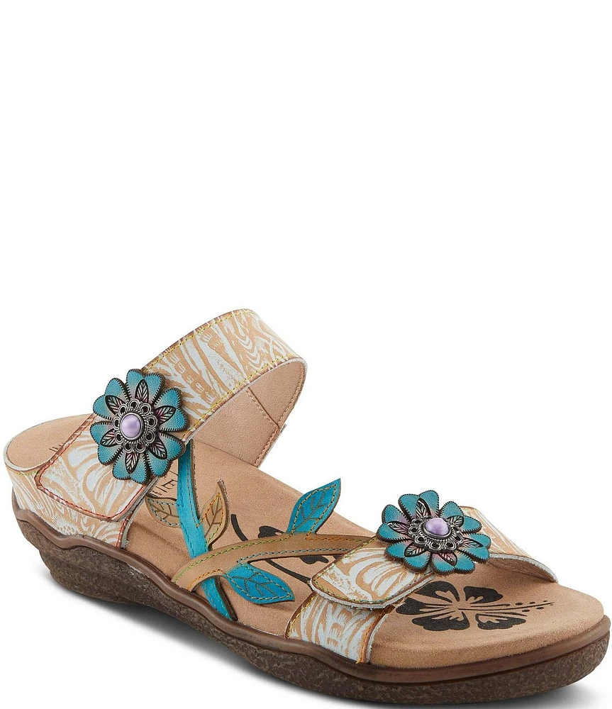 L'ARTISTE Aymee Leather Stone Embellished Floral Ornament Slide Sandals