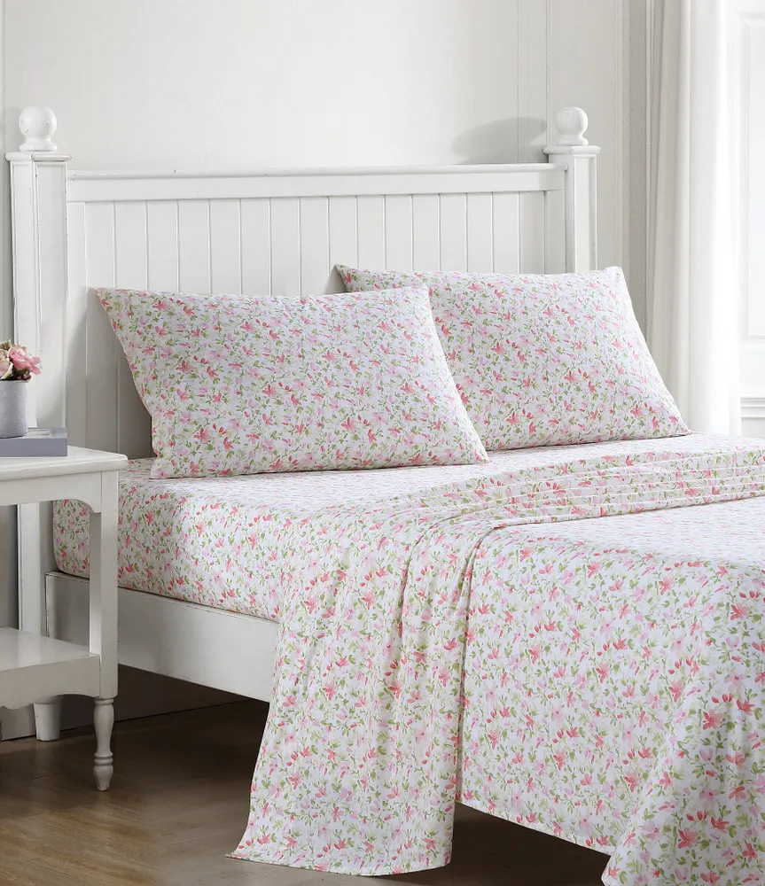 Laura Ashley 200-Thread Count Norella Pink Cotton Percale Sheet Sheet