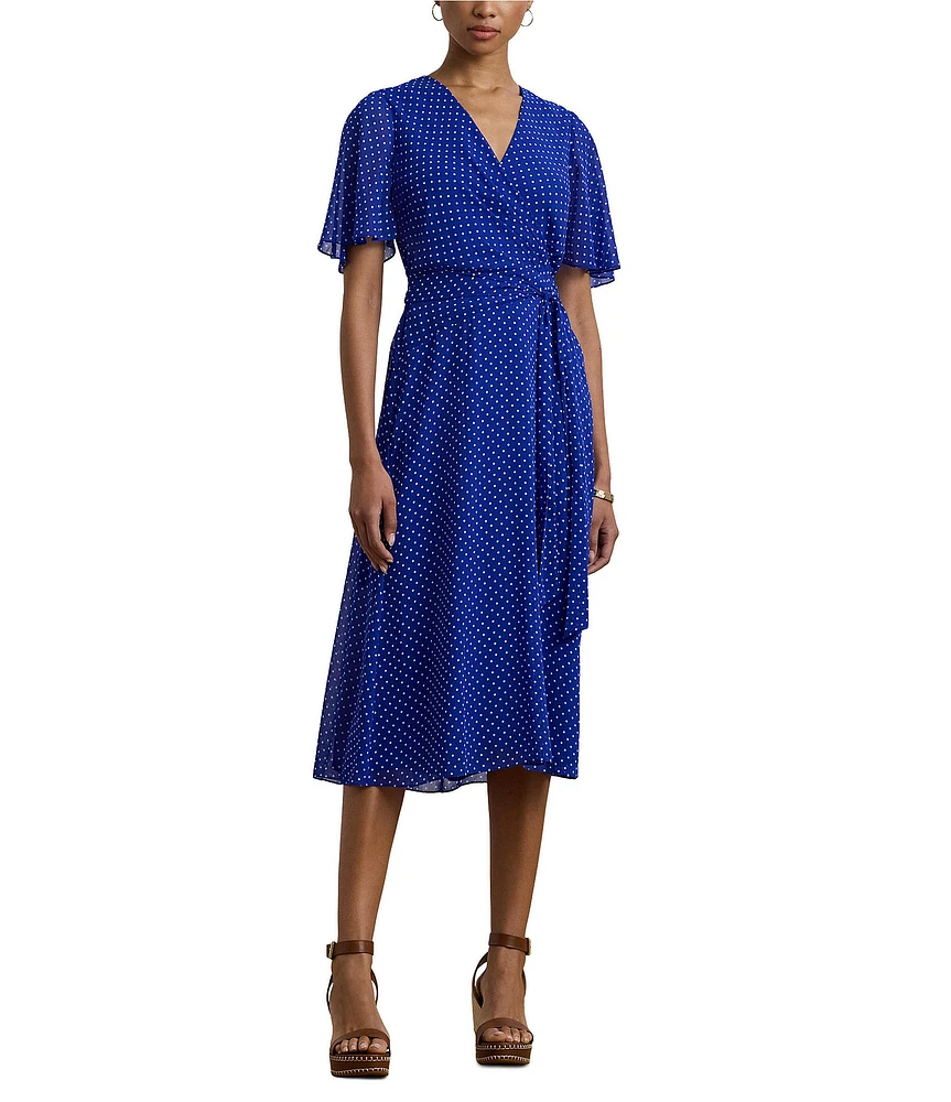 Lauren Ralph Lauren Polka Dotted Crinkle Georgette Surplice V-Neck Flutter Sleeve Faux Wrap Midi Dress