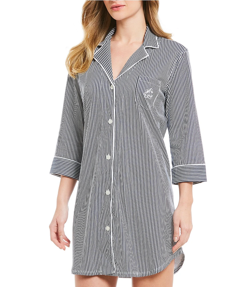Lauren Ralph Lauren Classic Notch Collar 3/4 Sleeve Striped Cotton Nightshirt