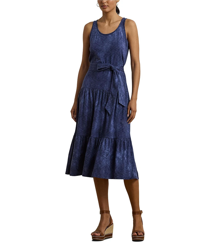Lauren Ralph Lauren Cotton-Blend Jersey Tie Dye Scoop Neck Sleeveless Tiered Midi Dress