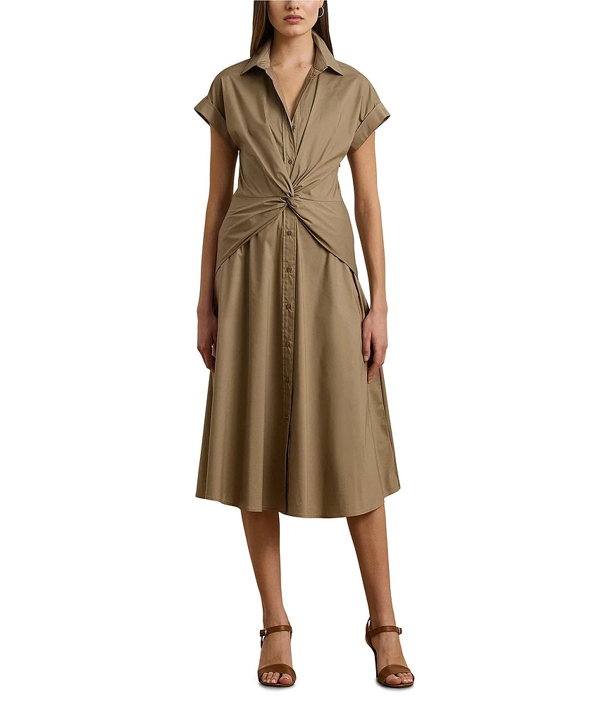 Lauren Ralph Lauren Cotton Blend Twist-Front Point Collar Neck Short Sleeve Button Front Shirt Midi Dress