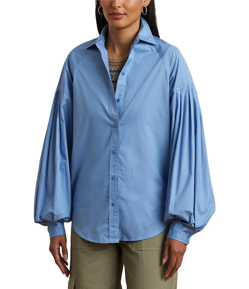 Lauren Ralph Lauren Cotton Poplin Point Collar Long Blouson Sleeve Button-Front Shirt