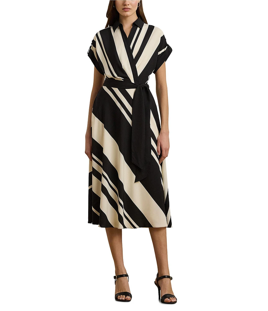 Lauren Ralph Lauren Crepe Striped Spread Collar Short Sleeve Belted A-Line Midi Dress