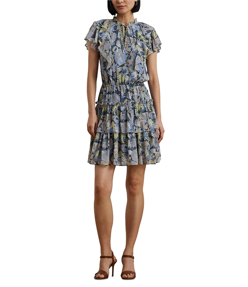 Lauren Ralph Lauren Crinkle Georgette Floral Ruffle Trim Tiered Dress