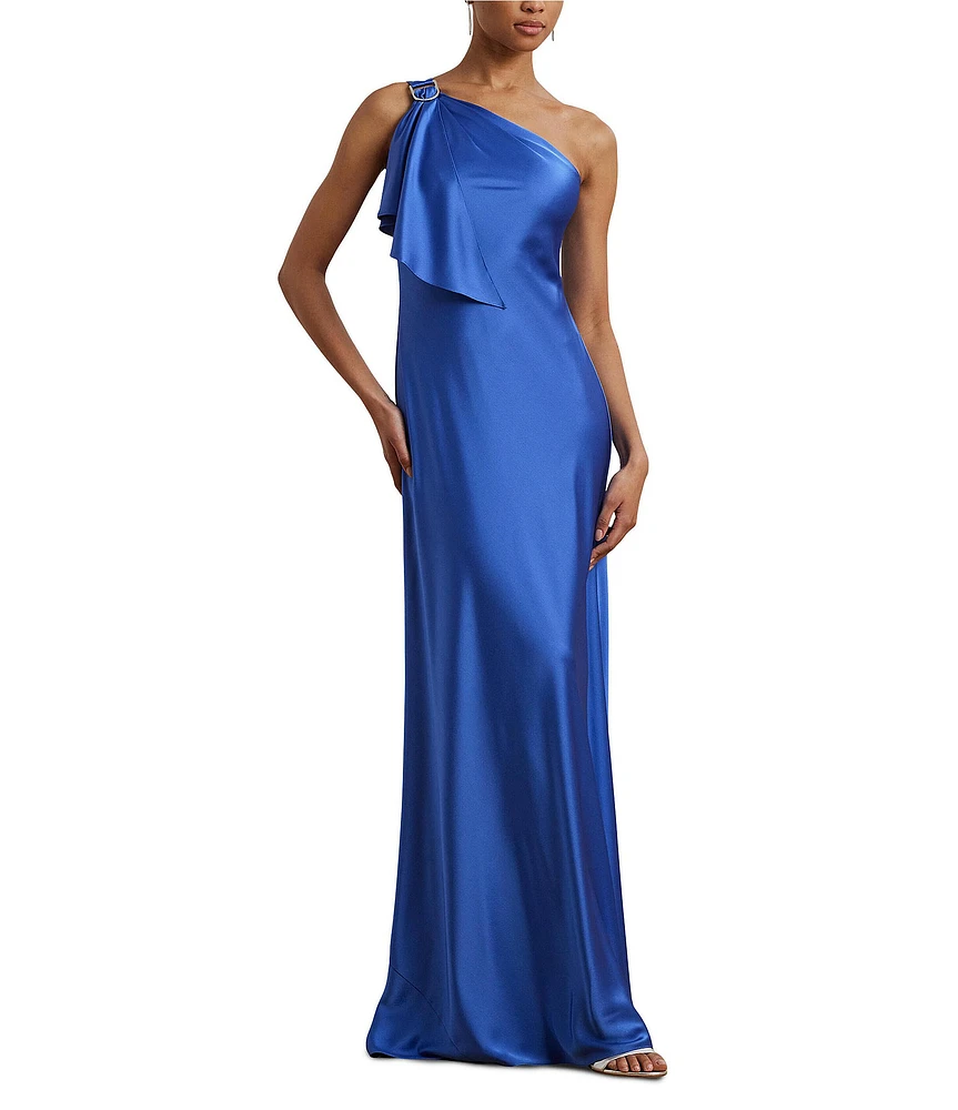 Lauren Ralph Lauren Elzira Draped Ruffle One Shoulder Satin Charmeuse Slip Dress