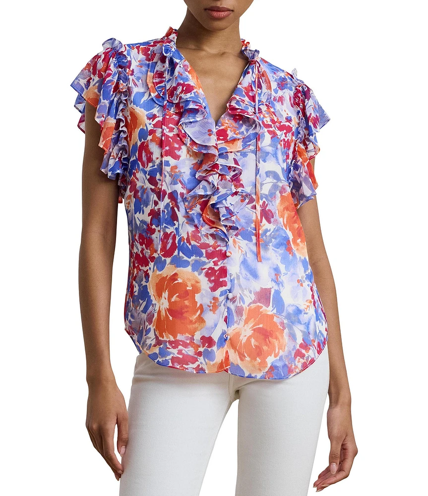 Lauren Ralph Lauren Georgette Floral Ruffle Trim V-Neck Flutter Sleeve Blouse