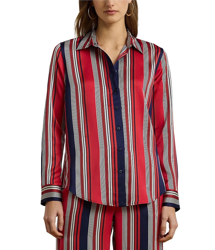 Lauren Ralph Lauren Glossy Satin Charmeuse Vertical Striped Spread Collar Long Sleeve Button Front Shirt