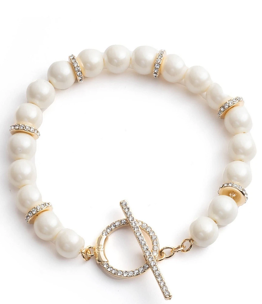 Lauren Ralph Lauren Gold Tone White Pearl Crystal Pave Flex Line Bracelet