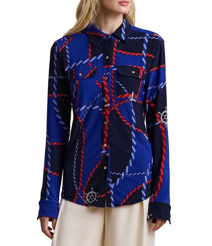 Lauren Ralph Lauren Jersey Knit Rope Print Point Collar Long Sleeve Button Front Shirt