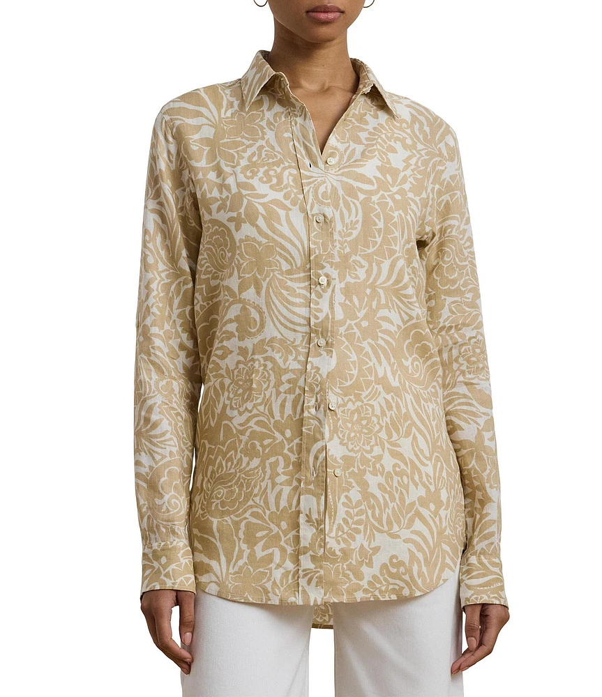Lauren Ralph Lauren Linen Floral Point Collar Long Roll-Tab Sleeve Button Front Shirt