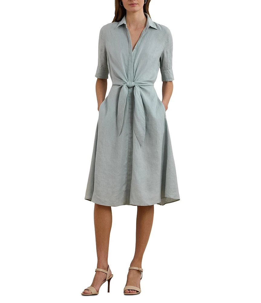 Lauren Ralph Lauren Linen Point Collar Elbow-length Sleeves Tie Front Shirt Midi Dress