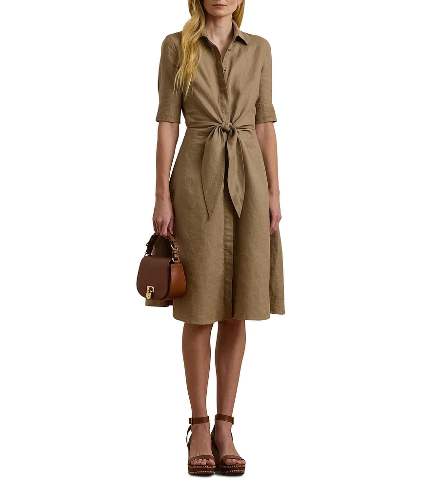 Lauren Ralph Lauren Linen Point Collar Elbow Sleeve Tie Waist Shirt Dress