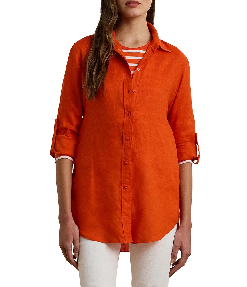 Lauren Ralph Lauren Linen Point Collar Long Roll Tab Sleeve Button-Front Shirt