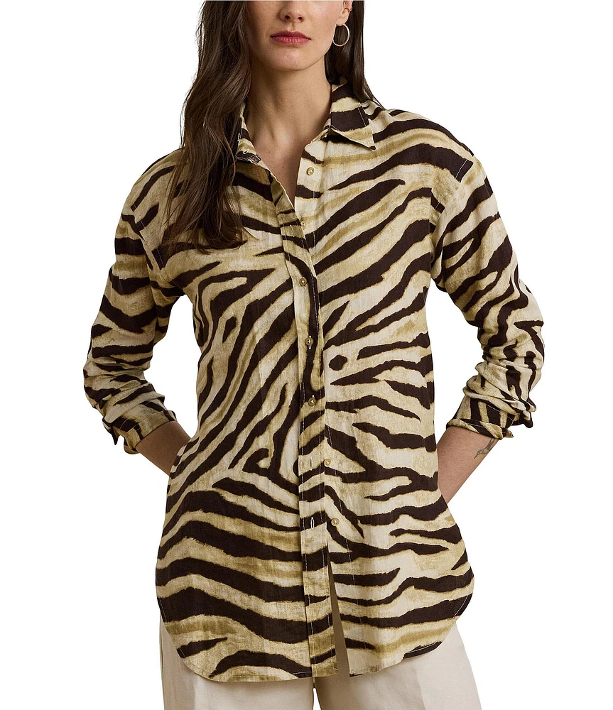 Lauren Ralph Lauren Linen Zebra Print Point Collar Long Sleeve Button-Front Shirt