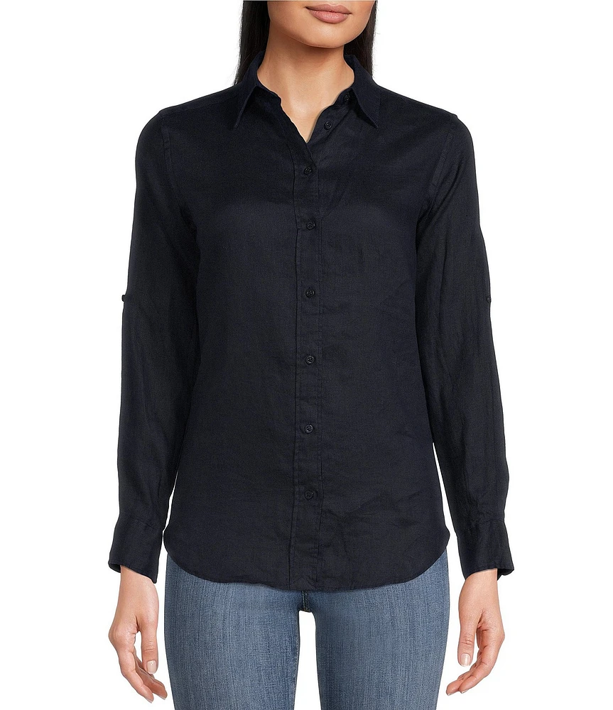 Lauren Ralph Lauren Point Collar Long Roll-Tab Sleeve Button Front Linen Shirt