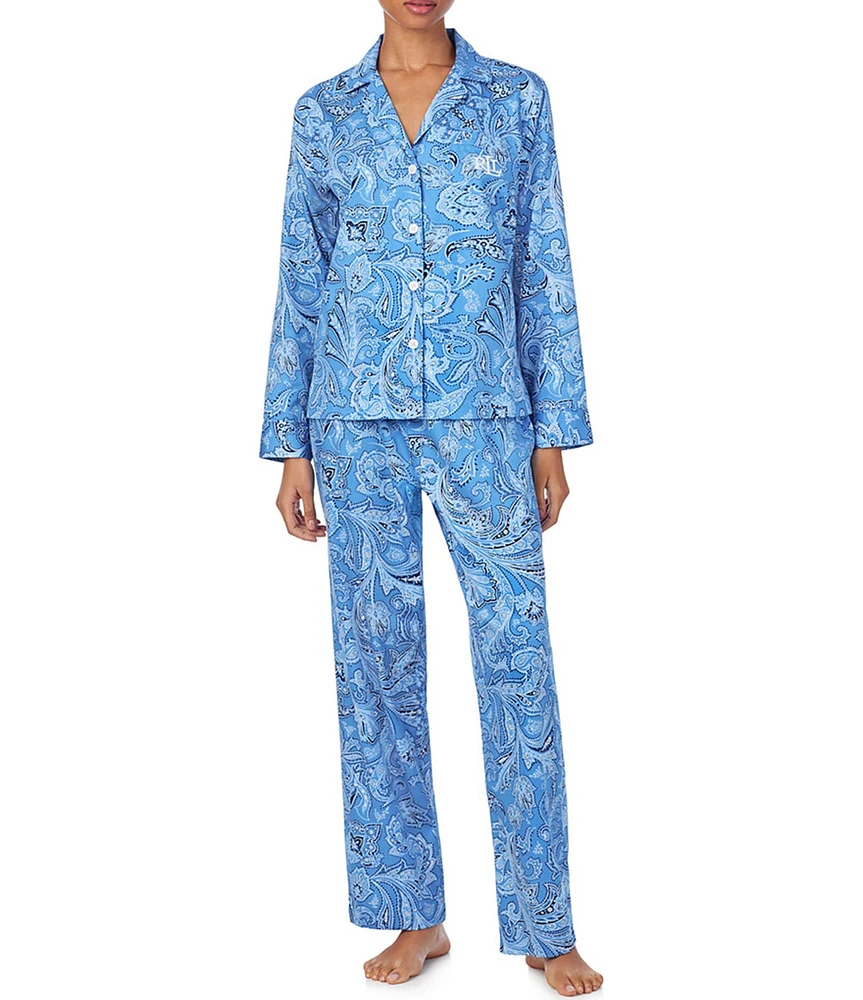 Lauren Ralph Lauren Long Sleeve Notch Collar Sateen Woven Paisley Print Pajama Set
