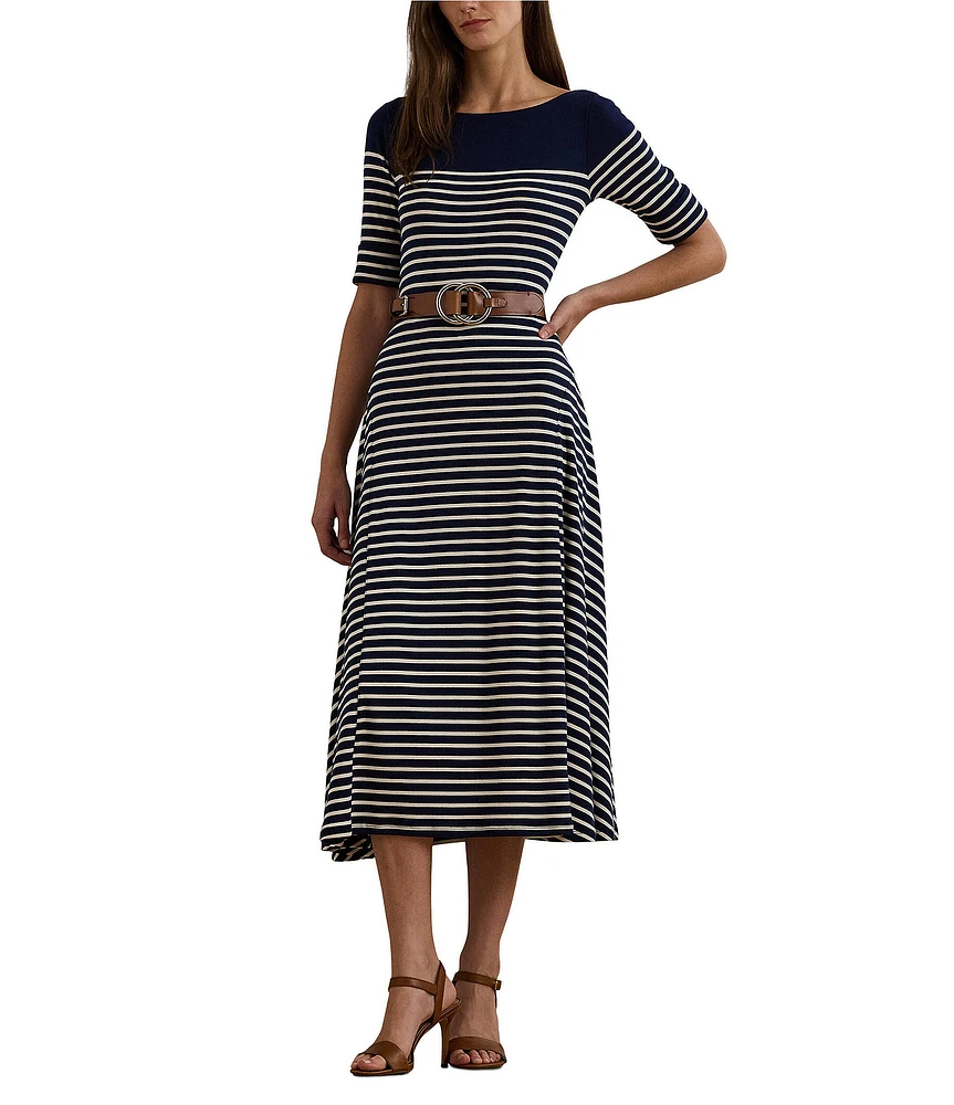 Lauren Ralph Lauren Stripe Print Knit Boat Neck Elbow Length Sleeve Side Panel Fit & Flare Midi Dress