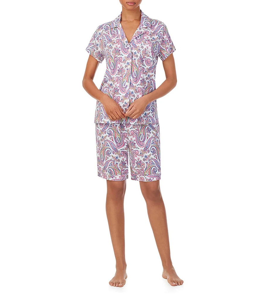 Lauren Ralph Lauren Paisley Print Short Sleeve Notch Collar Knit Bermuda Shorty Pajama Set
