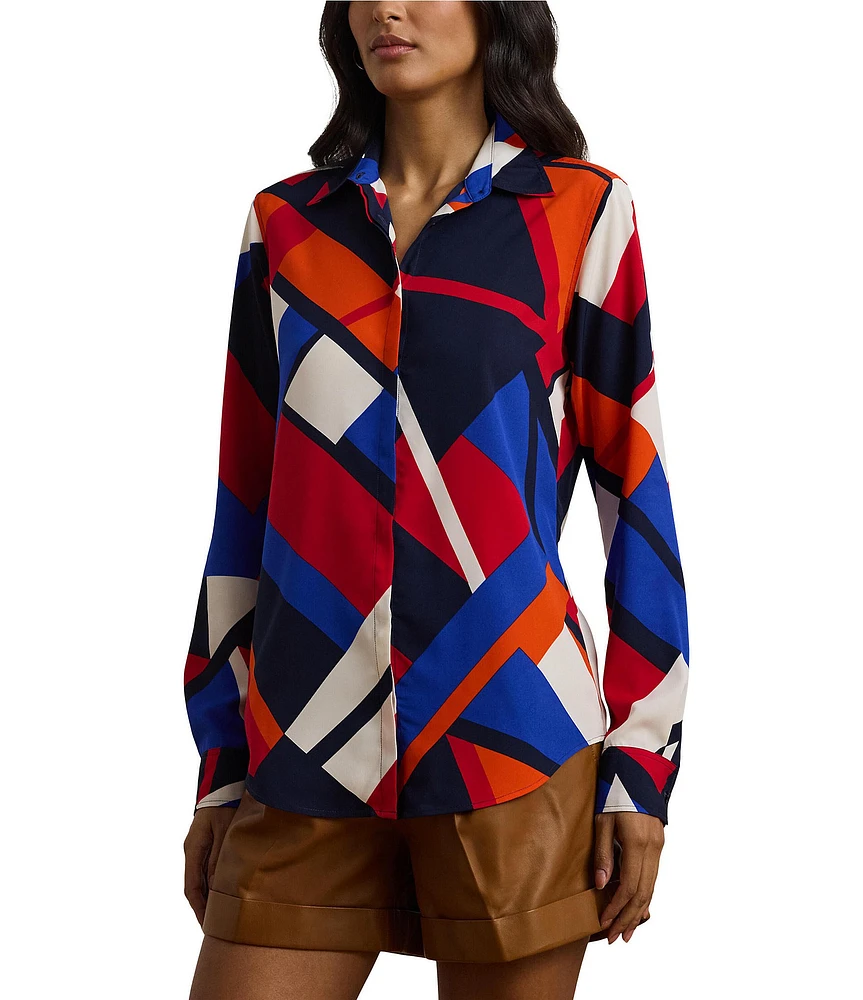 Lauren Ralph Lauren Petite Size Crepe de Chine Abstract Print Point Collar Long Sleeve Button-Front Shirt