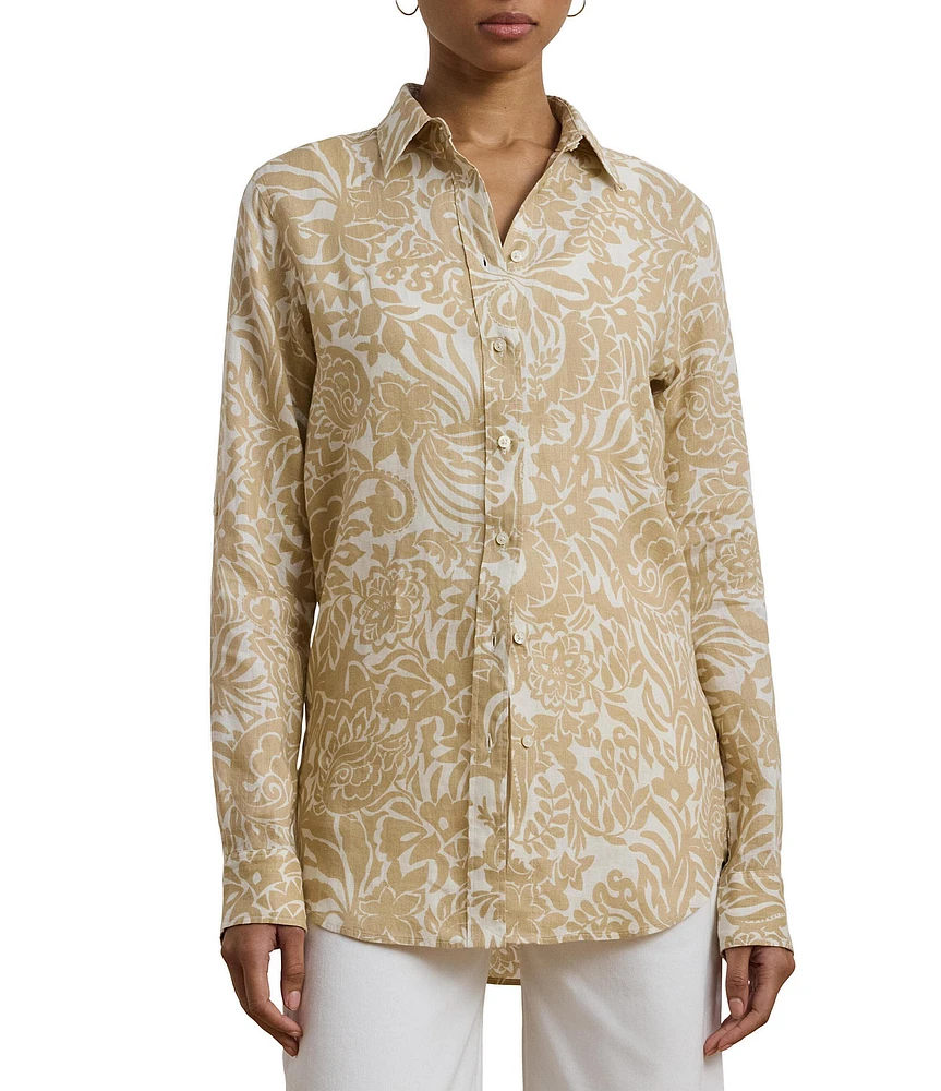 Lauren Ralph Lauren Petite Size Linen Floral Point Collar Long Roll-Tab Sleeve Button Front Shirt