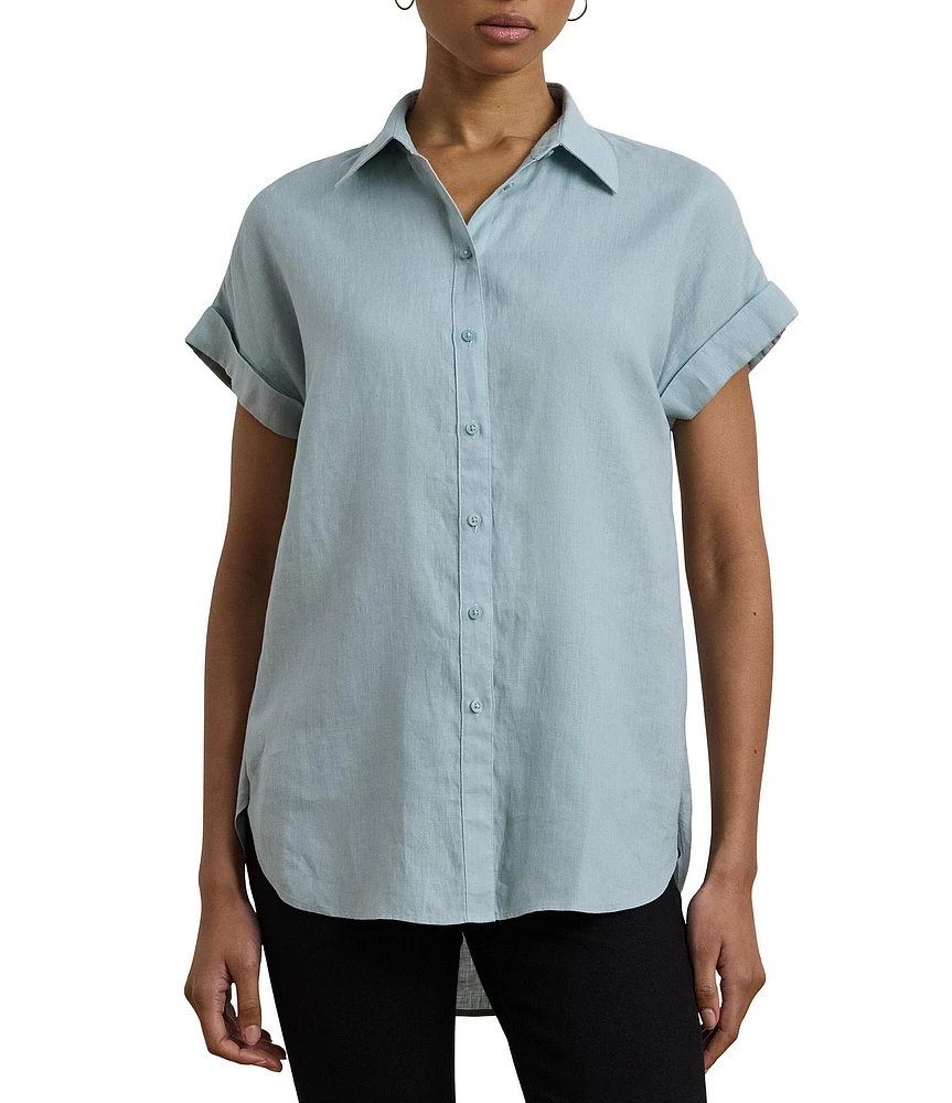Lauren Ralph Lauren Petite Size Linen Point Collar Short Sleeve Button Front Shirt