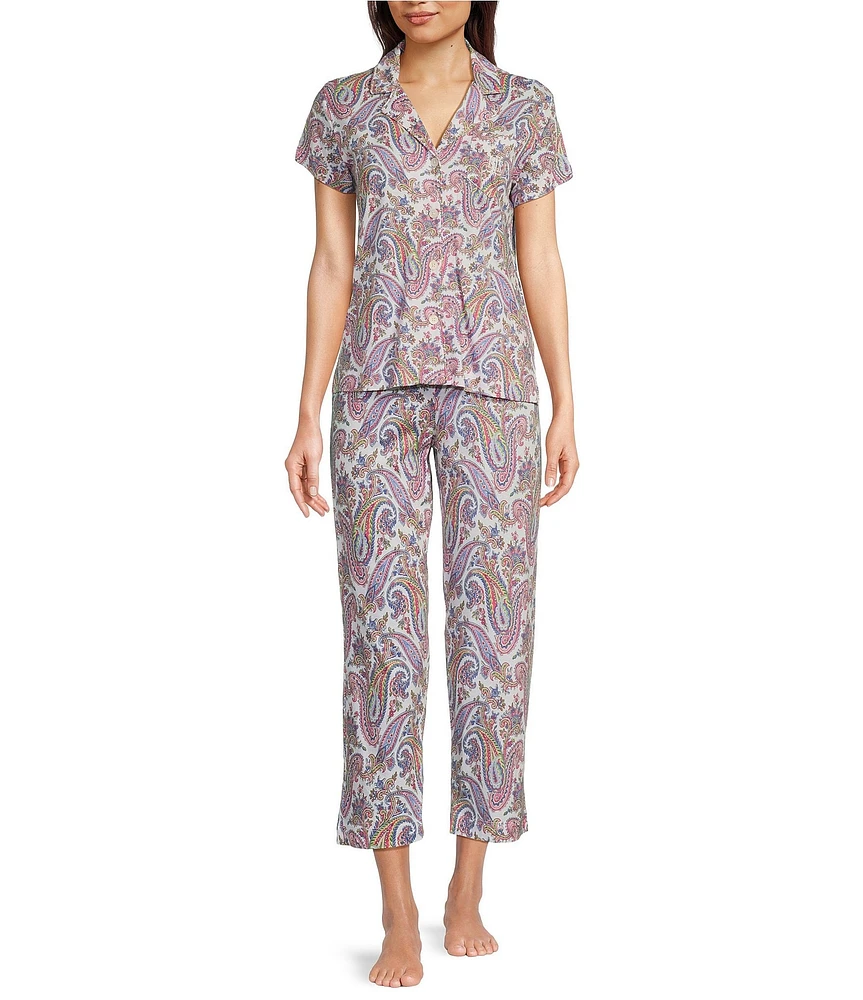 Lauren Ralph Lauren Petite Size Paisley Print Short Sleeve Notch Collar Knit Cropped Pajama Set