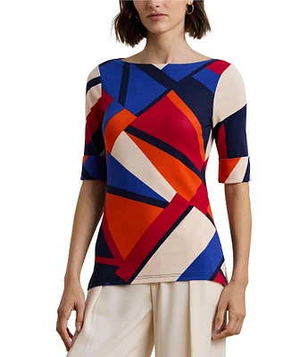 Lauren Ralph Lauren Petite Size Stretch Cotton Abstract Print Boat Neck Elbow Length Sleeve Top
