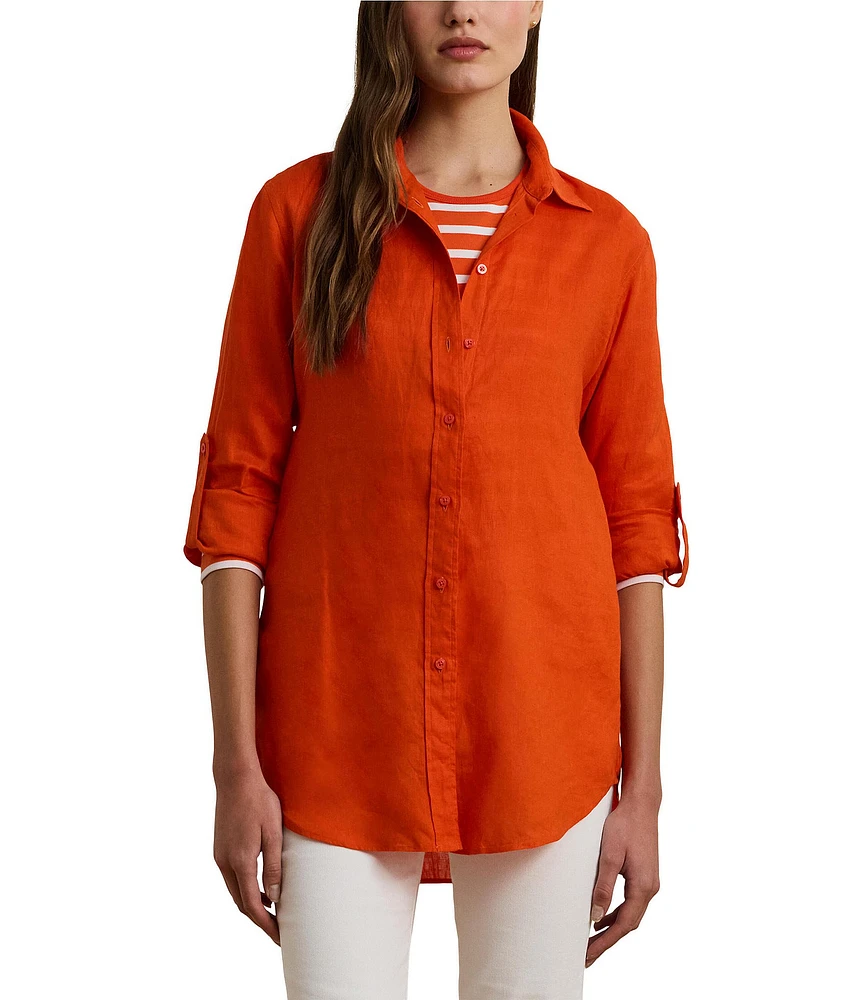 Lauren Ralph Lauren Petite Size Woven Point Collar Long Roll-Tab Sleeve Button Front Shirt