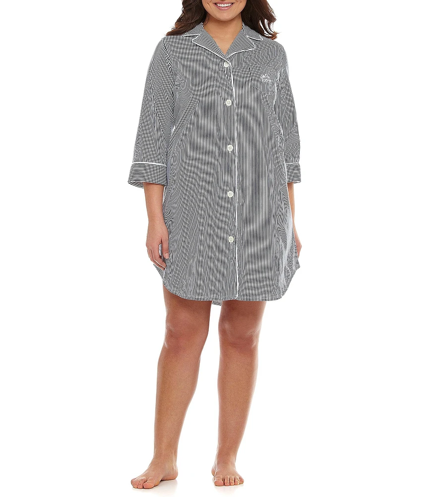 Lauren Ralph Lauren Plus Size Classic Notch Collar 3/4 Sleeve Cotton Nightshirt