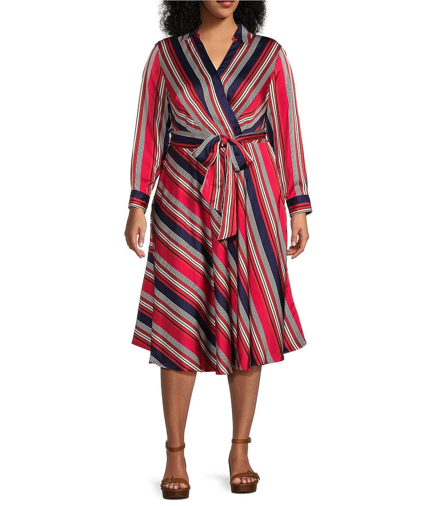 Lauren Ralph Lauren Plus Size Collared Surplice Neck Long Sleeve Tie Sash A Line Midi Dress