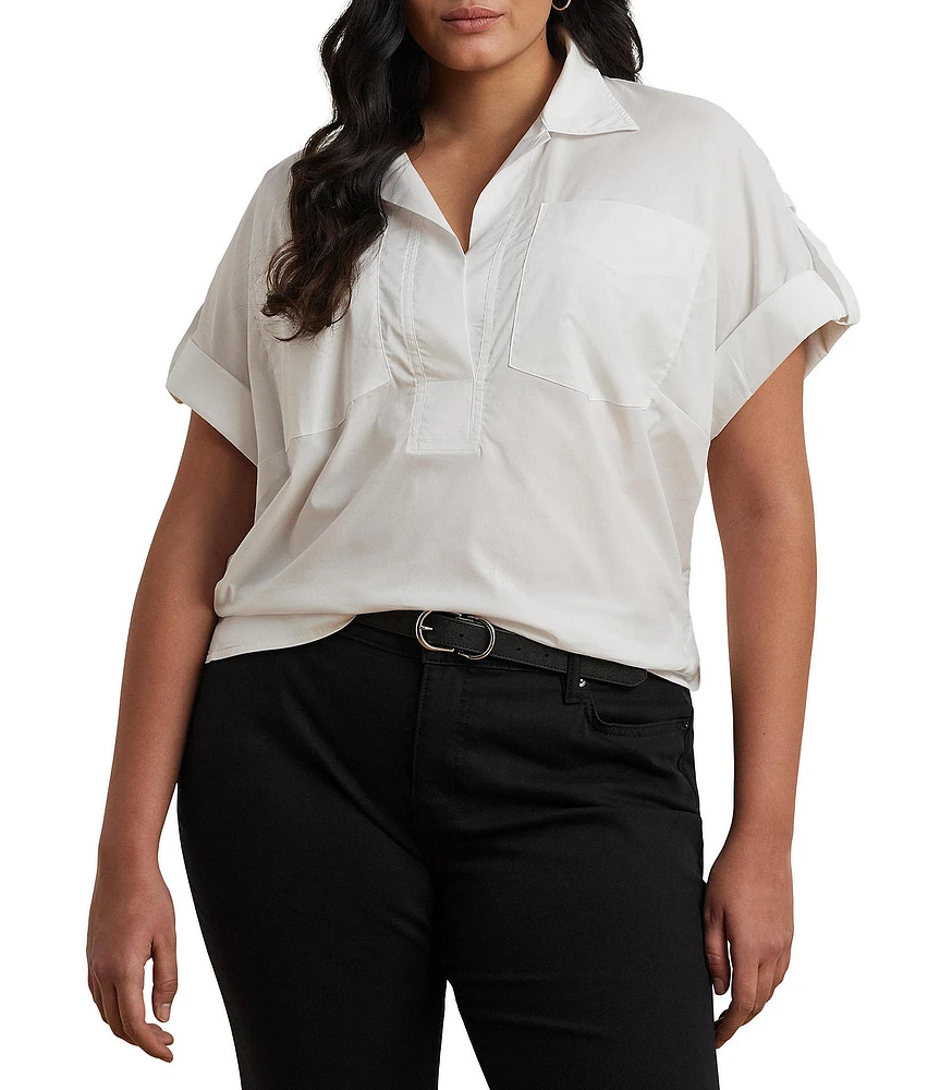 Lauren Ralph Lauren Plus Size Cotton Blend Point Collar Short Roll-Tab Sleeve Hi-Low Hem Camp Shirt