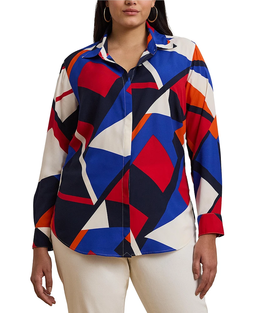 Lauren Ralph Lauren Plus Size Crepe de Chine Abstract Print Point Collar Long Sleeve Button-Front Shirt