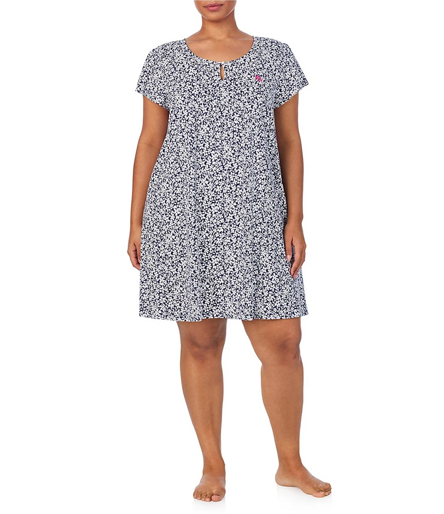 Lauren Ralph Lauren Plus Size Flutter Sleeve Keyhole Neck Jersey Knit Floral Print Nightgown