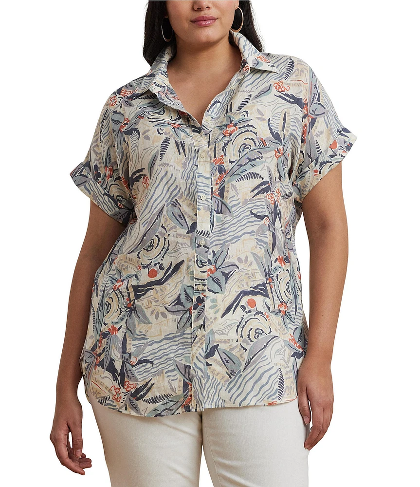 Lauren Ralph Lauren Plus Size Linen Abstract Print Point Collar Short Sleeve Button-Front Shirt